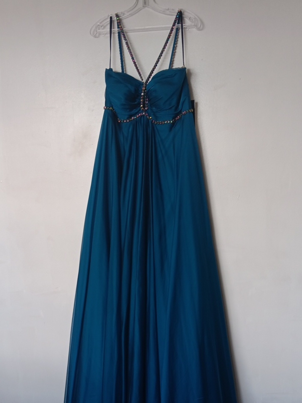 Embellished Teal Spaghetti-Strap Prom Dress
